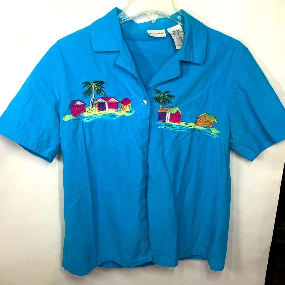 blue button up summer shirt with embroidery size m
